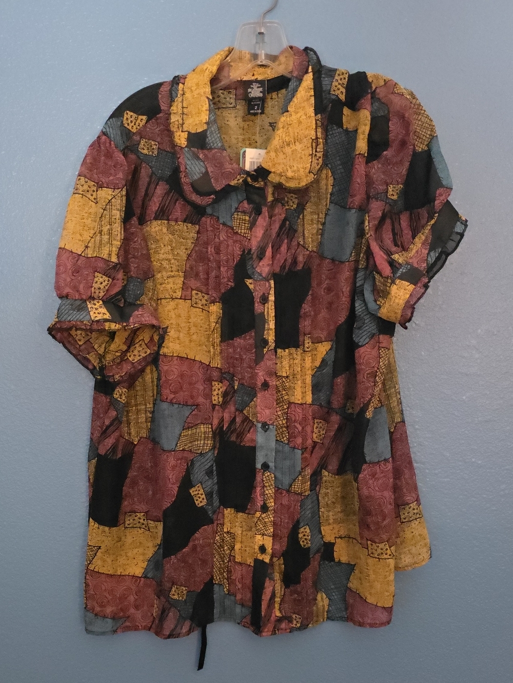 NWT- Patchwork Print Short Sleeve Women's Dress in Mustard, Maroon, Blue